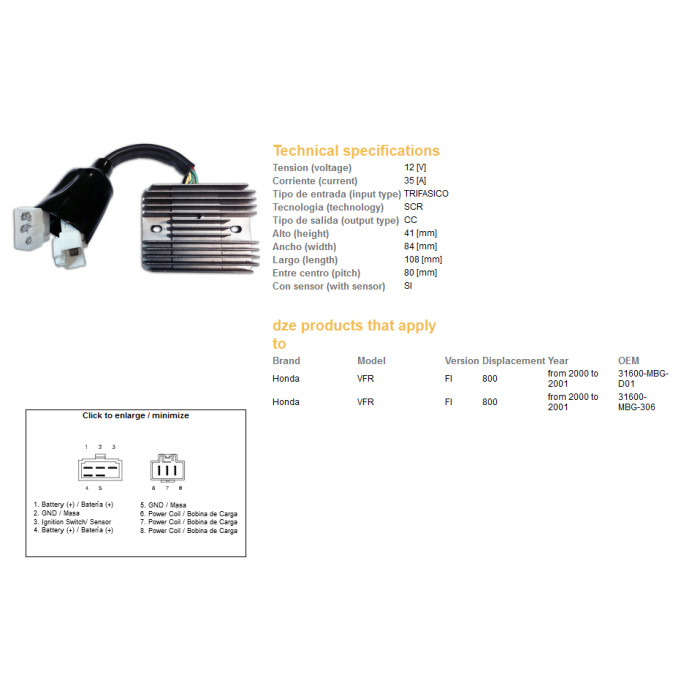 DZE voltage regulator (current rectifier) ​​HONDA VFR 800 FI 00-01 (35A) (3160-MBG-D01) (ESR691)
