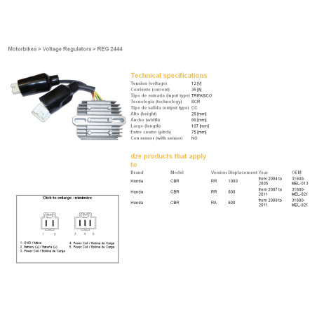 DZE voltage regulator (rectifier) ​​HONDA CBR600RR 07-11, CBR1000RR 04-05 (31600-MEL-821) (ESR439) (SH678FD, SH678FB)