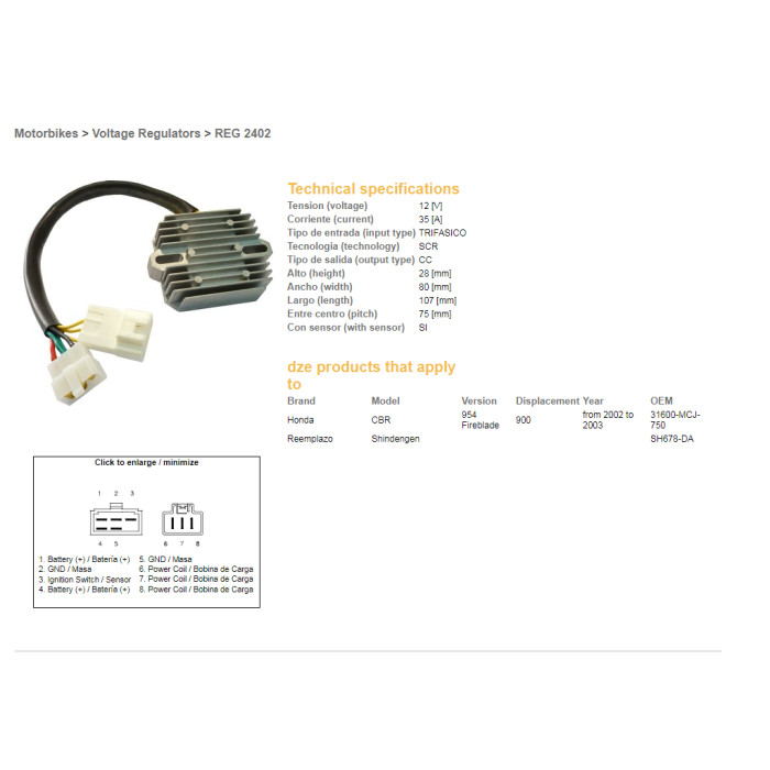 DZE voltage regulator (current rectifier) ​​HONDA CBR900RR 02-03 (CBR954), VTX1800 02-08 (ESR690) (31600-MCJ-750) (SH678DA) (3