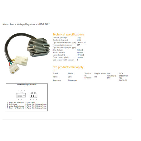 DZE voltage regulator (current rectifier) ​​HONDA CBR900RR 02-03 (CBR954), VTX1800 02-08 (ESR690) (31600-MCJ-750) (SH678DA) (3