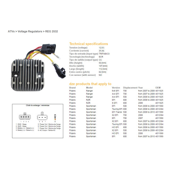DZE voltage regulator (current rectifier) ​​POLARIS SPORTSMAN EFI 500/700/800, RANGER EFI 500/700/800 (12V/35A) (4012384, 4011