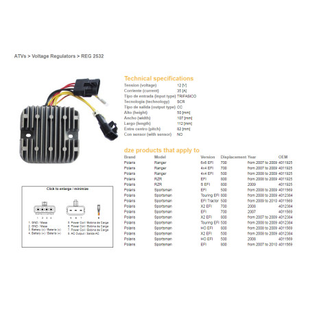 DZE voltage regulator (current rectifier) ​​POLARIS SPORTSMAN EFI 500/700/800, RANGER EFI 500/700/800 (12V/35A) (4012384, 4011