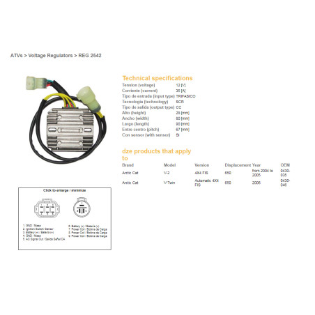 DZE įtampos reguliatorius (srovės lygintuvas) ARCTIC CAT 650 '04-'06 (OEM-0430-035, 0430-046) 12V35A