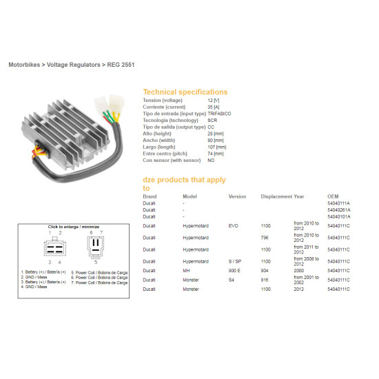 DZE voltage regulator (current rectifier) ​​DUCATI 600/620/748/750/796/800/900/916/944/992/996/1000/1100 12V 35A (54040111C, S