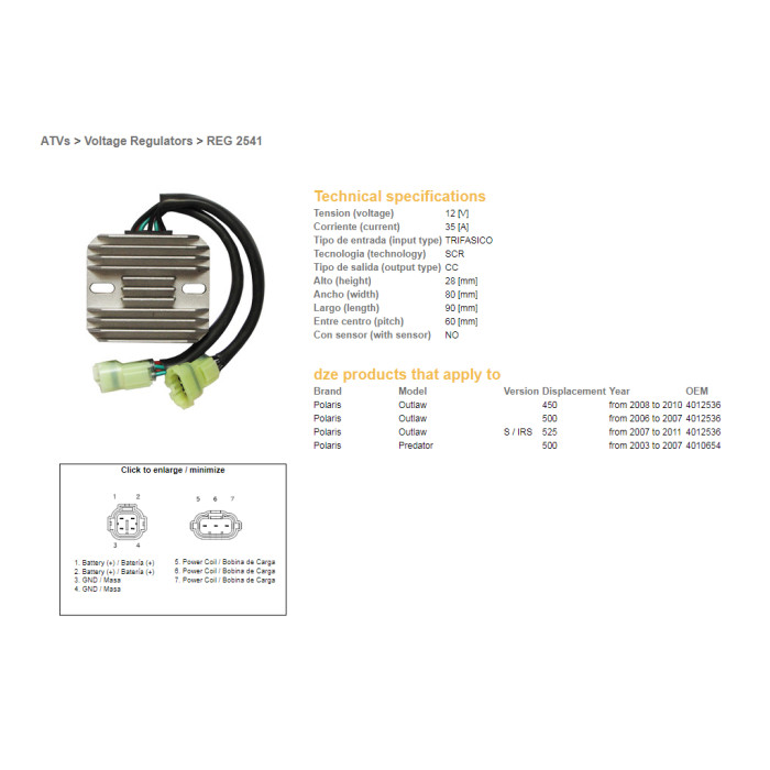 DZE voltage regulator (current rectifier) ​​POLARIS PREDATOR 500 '03-'07, OUTLAW 400/500/525 '06-'11 12V 35A (OEM-4010654, 401