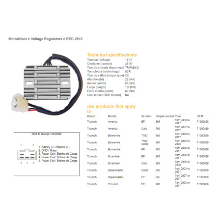 DZE voltage regulator (current rectifier) ​​TRIUMPH AMERICA 790/865 '02-'17, BONNEVILLE 865 '02-'17, SCRAMBLER/SPEEDMASTER 865