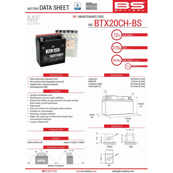 BS battery BTX20CH-BS (YTX20CH-BS, YTX20A-BS) 12V 18AH 150X87X161 Electrolyte filling separately (270A) (2) UE2019/1148 (3
