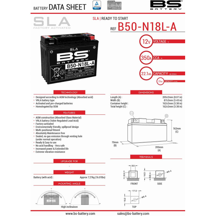 BS akumuliatorius B50-N18L-A/A2 (FA) (Y50-N18L-A/A2) 12V 21AH 205X87X162 aptarnaujamas- ZALANY (350A)