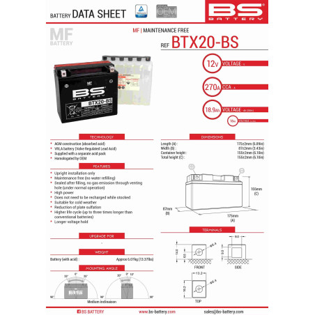 BS akumuliatorius BTX20-BS (YTX20-BS) 175X87X155 Elektrolitų užpildas atskirai (270A) (2) UE2019/1148