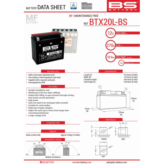 BS battery BTX20L-BS (YTX20L-BS) 12V 18AH 175X86X154 Electrolyte filling separately (270A) (2) UE2019/1148