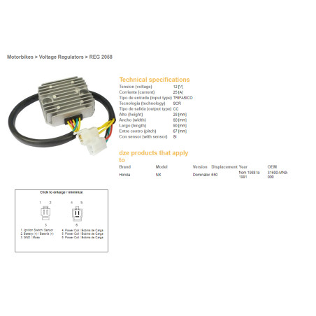 DZE voltage regulator (rectifier) ​​HONDA CB 250/400/450,XBR 500, XL 600 LM, NX 650 DOMINATOR '88-91 (SH532B)
