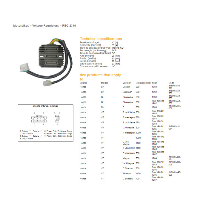 DZE voltage regulator (rectifier) ​​HONDA CX/VF/VT 81-87 (ESR650)