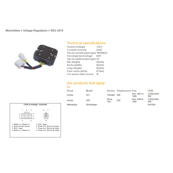 DZE voltage regulator (rectifier) ​​HONDA XL 600 V 87-90, XRV650 '88-'89 (SH538A), (RGU-144, ESR640), (31600-MM9-000)