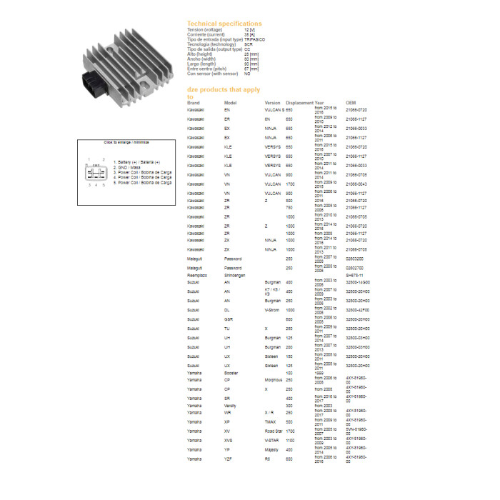 DZE voltage regulator (current rectifier) ​​KAWASAKI ER 6/KLE 650/ 750 /Z 1000, YAMAHA T-MAX 500, XVS 1100 V-STAR, YZF R6, SUZ