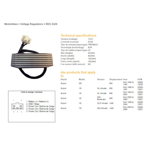 DZE voltage regulator (rectifier) ​​SUZUKI DR 650 92-95, VS 600 96-97, VS 800 92-09, VS 1400 96-09 (OEM-32800-12E01) (