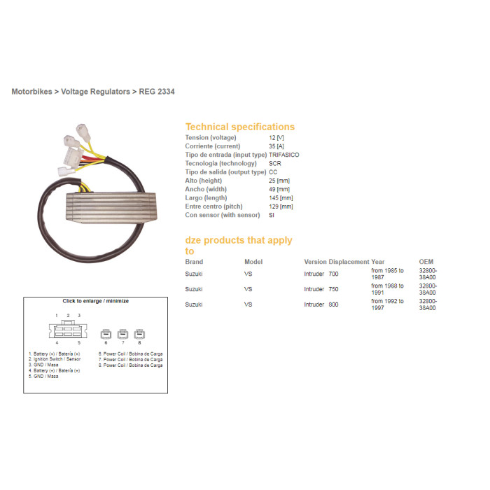 DZE voltage regulator (rectifier) ​​SUZUKI VS 700 85-87, VS 750 88-91, VS 800 92-97 INTRUDER (32800-38A00) (ESR752)