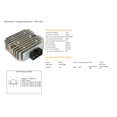DZE voltage regulator (rectifier) ​​YAMAHA FZ6 04-09, FZ6R 10-12, TDM850 93-01, R6 04-09 (ESR269) (5VX-81960-00-00)