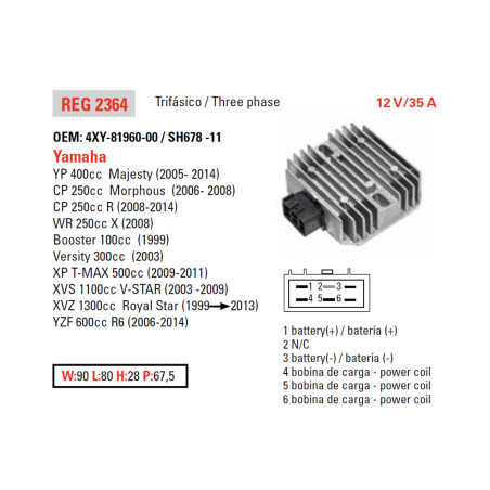 DZE voltage regulator (rectifier) ​​YAMAHA XVS 1100 '03-'08, R6 '06-'10, XVZ1300 '99-'08 (OEM-4XY-81960-00) (ESR135)