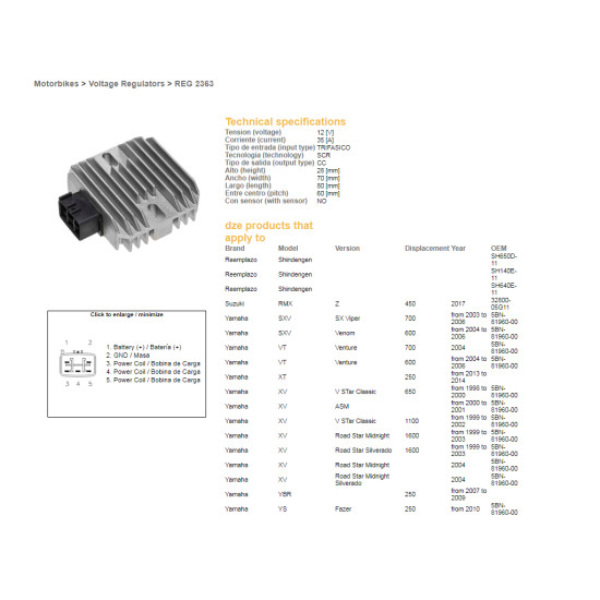 DZE voltage regulator (rectifier) ​​YAMAHA XVS 650 '98-'00, XV1600 '99-'04, XVS1100 '99-'02 (OEM-5BN-81960-00) (RGU-21