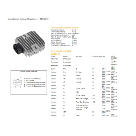 DZE voltage regulator (rectifier) ​​YAMAHA XVS 650 '98-'00, XV1600 '99-'04, XVS1100 '99-'02 (OEM-5BN-81960-00) (RGU-21