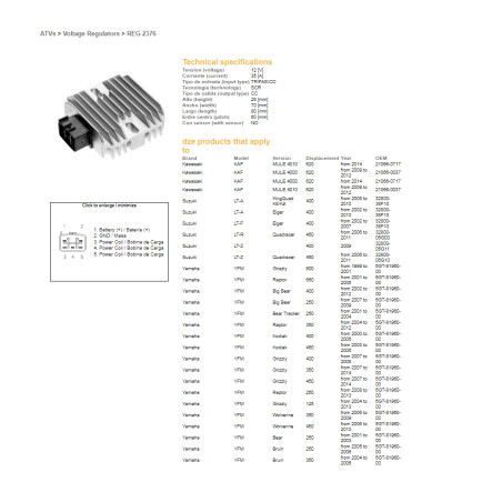 DZE įtampos reguliatorius (srovės lygintuvas) YAMAHA YFM 125/250/350/400/450/600/660, YFZ 350/450/660/700, SUZUKI LTR450 (35A) (