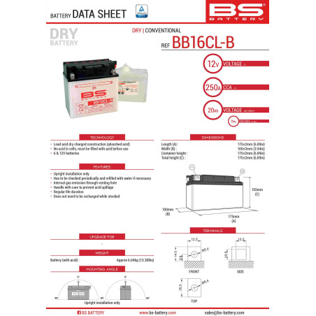 BS akumuliatorius BB16CL-B (YB16CL-B) 12V 19AH 175X100X175 Elektrolitų užpildas atskirai (250A) (2) UE2019/1148
