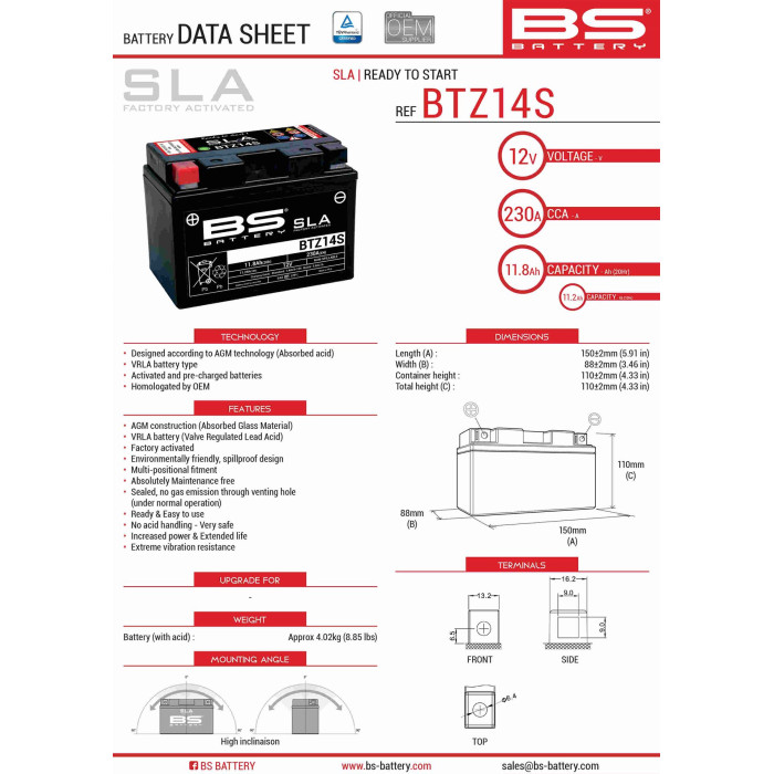 BS battery BTZ14S (FA) (YTZ14S) 12V 11.2AH 150X86X110 filled (230A)