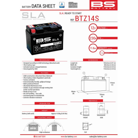 BS battery BTZ14S (FA) (YTZ14S) 12V 11.2AH 150X86X110 filled (230A)