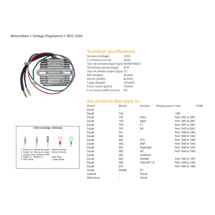 DZE voltage regulator (current rectifier) ​​DUCATI 748/750/851/888/900/906/916`87-01 (SINGLE-STAGE, 35A) (ESR510ESR515)