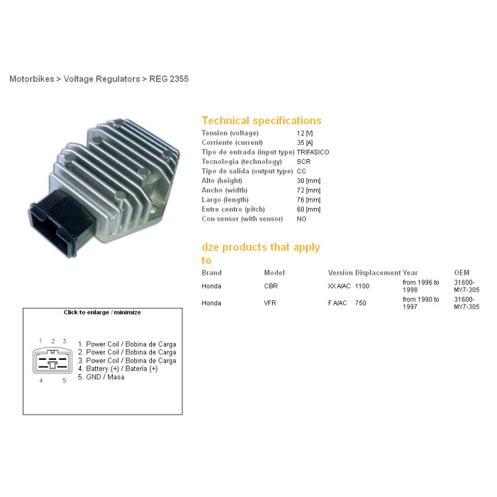 DZE voltage regulator (current rectifier) ​​HONDA CBR1100XX 96-98, VFR750F 90-97 (35A) (31600-MY7-305) (ESR580ESR587,RGU-107CL)