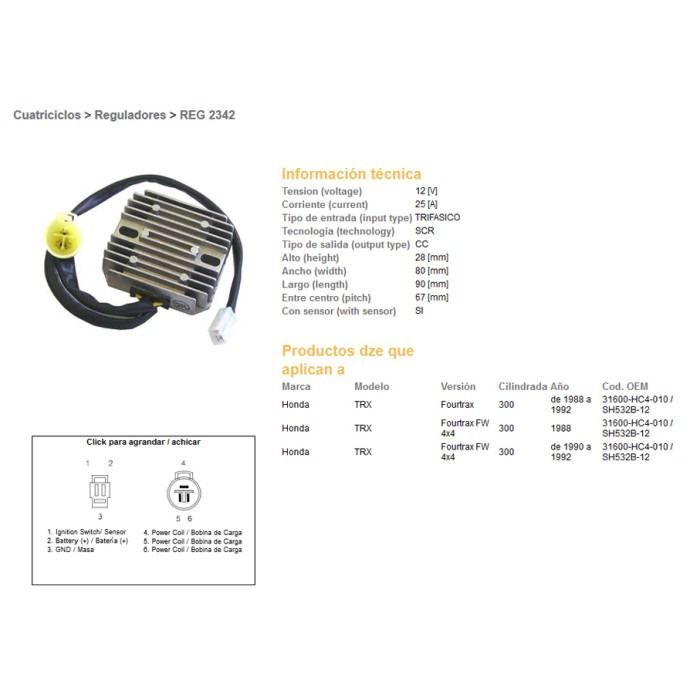 DZE voltage regulator (rectifier) ​​HONDA TRX300 FOURTRAX 88-92 (SH532B-12) (31600-HC4-010) (ESR125)
