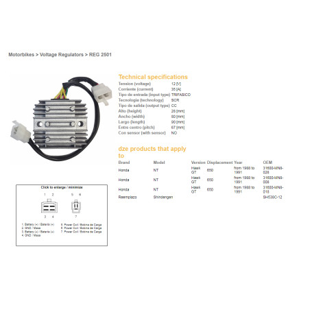 DZE įtampos reguliatorius (srovės lygintuvas) HONDA NTV650 '88-91 12V 35A (SH538C-12) (31600-MN8-008) (31600-MN8-028) (ESR252)