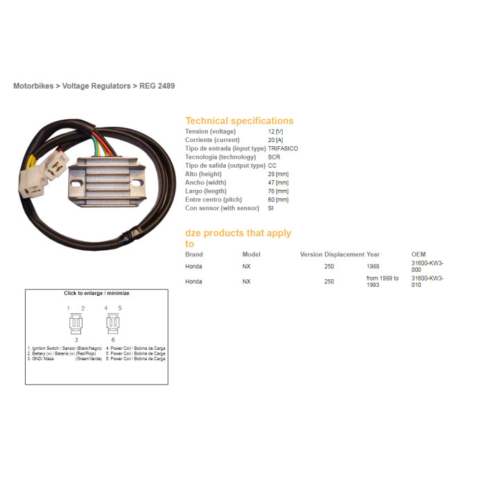 DZE voltage regulator (rectifier) ​​HONDA NX250 '88-93 (31600-KW3-000, 31600-KW3-010)