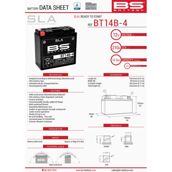BS battery BT14B-4 (FA) (YT14B4) 12V 12AH 150X69X145 filled (210A)