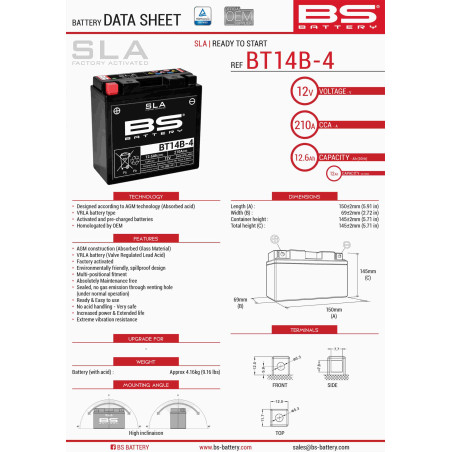 BS battery BT14B-4 (FA) (YT14B4) 12V 12AH 150X69X145 filled (210A)