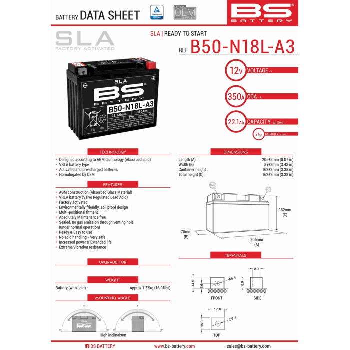 BS battery B50-N18L-A3 (FA) (Y50-N18L-A3) 12V 21AH 206X91X164 filled (350A) - old product code 300770
