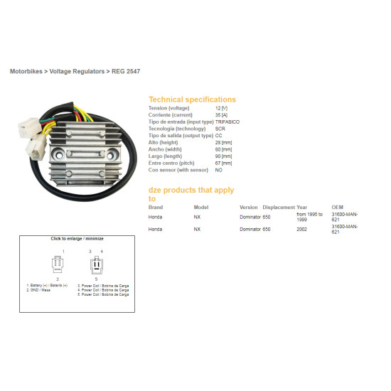 DZE voltage regulator (rectifier) ​​HONDA NX650 DOMINATOR '95-'99, '02 (31600-MAN-621) (12V/35A)