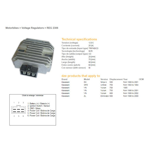 DZE voltage regulator (current rectifier) ​​KAWASAKI VN750/800, GPZ750 UNITRAK, ZL600, GPZ500S (ESR260) - old product code 2