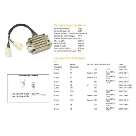 DZE voltage regulator (rectifier) ​​SUZUKI AN 125/250 BURGMAN '95-'00, GN 125 (32800-22D11, 32800-22D10, 32800-37G10-0