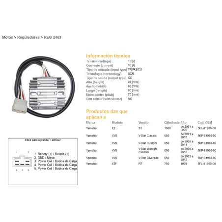 DZE voltage regulator (current rectifier) ​​YAMAHA FZS1000 '01-'05, XVS650 '01-'16 (5KP-81960-00) (35A) (ESR266) (5FL-81960-00)