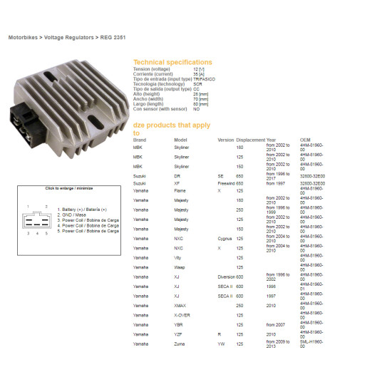 DZE voltage regulator (current rectifier) ​​YAMAHA XJ600 DIVERSION 96-02, YBR125, YZF125R, MAJESTY 125/250 (4HM-81960-00), SUZ