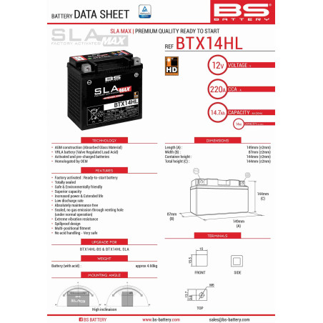 BS battery BTX14HL MAX (FA) (YTX14L-BS) 12V 14AH 149X87X144 filled (increased starting current) (220A) - replaced 3