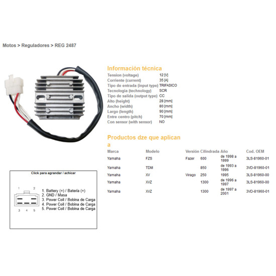 DZE voltage regulator (current rectifier) ​​YAMAHA FZS600 FAZER 98-99, TDM850 93-96, XVZ1300 95-01 (35A) (ESR360)
