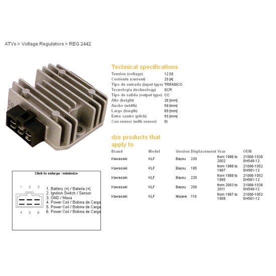 DZE voltage regulator (rectifier) ​​KAWASAKI KLF110/185/220/250 BAYOU (OEM-21066-1052)