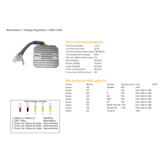 DZE voltage regulator (rectifier) ​​SUZUKI GS 450L '84-'88, GSX 750/1100 ES/ EF '83-'86, GR 650 TEMPTER (ESR130,RGU-30