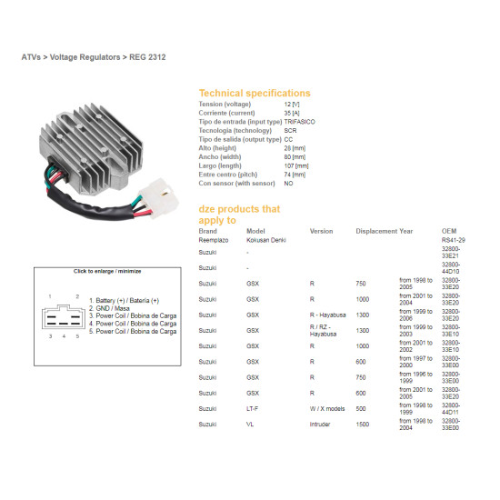 DZE voltage regulator (current rectifier) ​​SUZUKI GSXR 600 '97-'05, GSXR 750 '96-'05, VL 1500 98-04, GSXR1000/1300 (ESR550) (