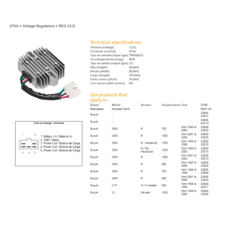 DZE voltage regulator (current rectifier) ​​SUZUKI GSXR 600 '97-'05, GSXR 750 '96-'05, VL 1500 98-04, GSXR1000/1300 (ESR550) (