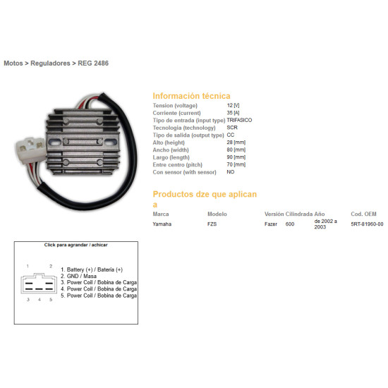 DZE voltage regulator (current rectifier) ​​YAMAHA FZS600 FAZER 02-03 (5RT-81960-00) 35A