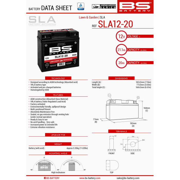BS battery SLA12-20 (FA) (SLA12-18) 12V 20AH 182X77X168 filled (180A)