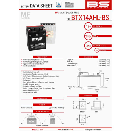 BS battery BTX14AHL-BS (YTX14AHL-BS) (133X90X164) 12V 12AH Electrolyte filling separately (210A) 4 UE2019/1148